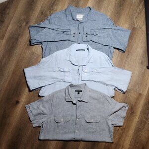 👔Linen Button-Down Shirt Bundle!👔 3 Casual Long & Short Sleeve Gray Blue-L/XL